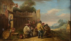 AFTER DAVID TENIERS  OIL PAINTING ON PANEL  Boars merrymaking before a country Inn  panel 6 1/4"x