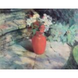 JACKIE SIMMONDS (b.1944) PASTEL DRAWING ?The Red Vase? Signed, tilted to artist label verso 14 ½?
