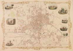 JOHN TALLIS 1851, HAND-COLOURED ANTIQUE TOWN PLAN WITH LATER HAND-COLOURING, 'LEEDS', with eight