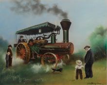 ANTHONY ORME (1945) PASTEL DRAWING Traction engine on the move, watched by bystanders and a dog