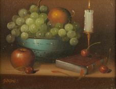 GEORGE (MODERN) OIL PAINTING ON CANVAS  Still life of fruit in a bowl, a book and burning candle,