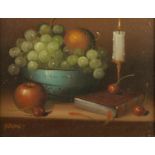 GEORGE (MODERN) OIL PAINTING ON CANVAS  Still life of fruit in a bowl, a book and burning candle,