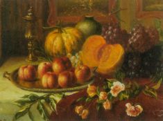 INITIALLED L.T. (MODERN)  OIL PAINTING ON BOARD Still life with melons, peaches, grapes and cut