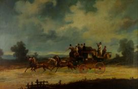 J. FARPNCA ?  OIL ON RELINED CANVAS A mail coach driven by four horses, travelling at speed