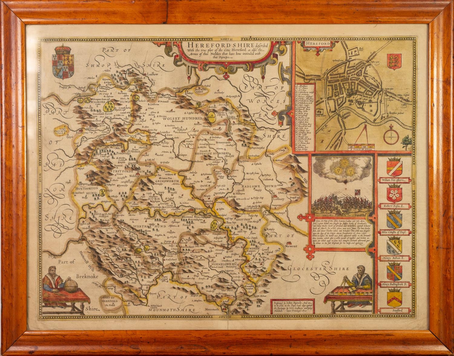 JOHN SPEEDE ANTIQUE HAND COLOURED MAP OF HEREFORDSHIRE With town plan, six heraldic shields and - Image 2 of 2