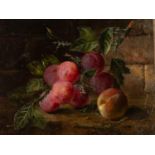 OLIVER CLARE (1853-1927)  OIL PAINTING ON CANVAS LAID DOWN ON BOARD  Still life of a branch of plums