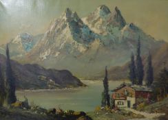 CONTINENTAL SCHOOL (20th Century) OIL ON CANVAS Alpine scene Indistinctly signed lower left 20in x
