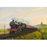 ALF MOLYNEUX  WATERCOLOUR DRAWING ON BOARD  L.M.S. '594' tank engine pulling six passenger coaches