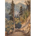 UNATTRIBUTED (19th CENTURY) WATERCOLOUR DRAWING Figure on a path in a wooded, highland landscape