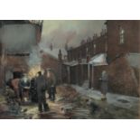 TOM BROWN (1933-2017) PASTEL Back alley scene with figures around a fire Signed 15? x 21? (38cm x