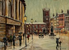 BERNARD McMULLAN (b.1952) OIL ON BOARD St. Ann?s Square, Manchester Signed 10 ¾? x 14 ¾? (27.3cm x