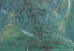 MARGARET GUMUCHIAN (1928 - 1999) GOUACHE Conservatory Pond, plants and pond with goldfish Signed