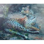 ROLF HARRIS (b. 1930) ARTIST SIGNED LIMITED EDITION COLOUR PRINT ON CANVAS ?Leopard Reclining at