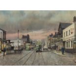 T. BROWN PASTEL DRAWING Cross Lane, Salford, busy with traffic and figures at dusk Signed lower