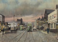 T. BROWN PASTEL DRAWING Cross Lane, Salford, busy with traffic and figures at dusk Signed lower