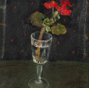 SANDY MURPHY (1956) OIL PAINTING ON BOARD Exhibition No 14 Pelargonium, single bloom in a wine glass