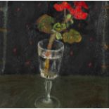 SANDY MURPHY (1956) OIL PAINTING ON BOARD Exhibition No 14 Pelargonium, single bloom in a wine glass