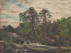 IAN GRANT (1904 - 1993) OIL PAINTING ON CANVAS Upland landscape with trees and waterfall in the