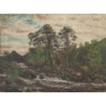 IAN GRANT (1904 - 1993) OIL PAINTING ON CANVAS Upland landscape with trees and waterfall in the