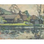 HARRY RUTHERFORD (1903 - 1985) OIL PAINTING ON BOARD Rural landscape with extensive farm