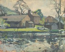 HARRY RUTHERFORD (1903 - 1985) OIL PAINTING ON BOARD Rural landscape with extensive farm