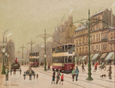 ARTHUR DELANEY (1927 - 1987) OIL PAINTING ON BOARD Piccadilly, Manchester, busy with trams, carts