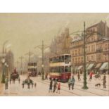 ARTHUR DELANEY (1927 - 1987) OIL PAINTING ON BOARD Piccadilly, Manchester, busy with trams, carts