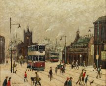 ARTHUR DELANEY (1927 - 1987) OIL PAINTING ON BOARD Deansgate with Manchester Cathedral in the