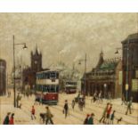 ARTHUR DELANEY (1927 - 1987) OIL PAINTING ON BOARD Deansgate with Manchester Cathedral in the
