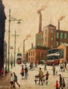 ARTHUR DELANEY (1927 - 1987) OIL PAINTING ON BOARD Peel Mill, Bredbury, Stockport, street scene busy