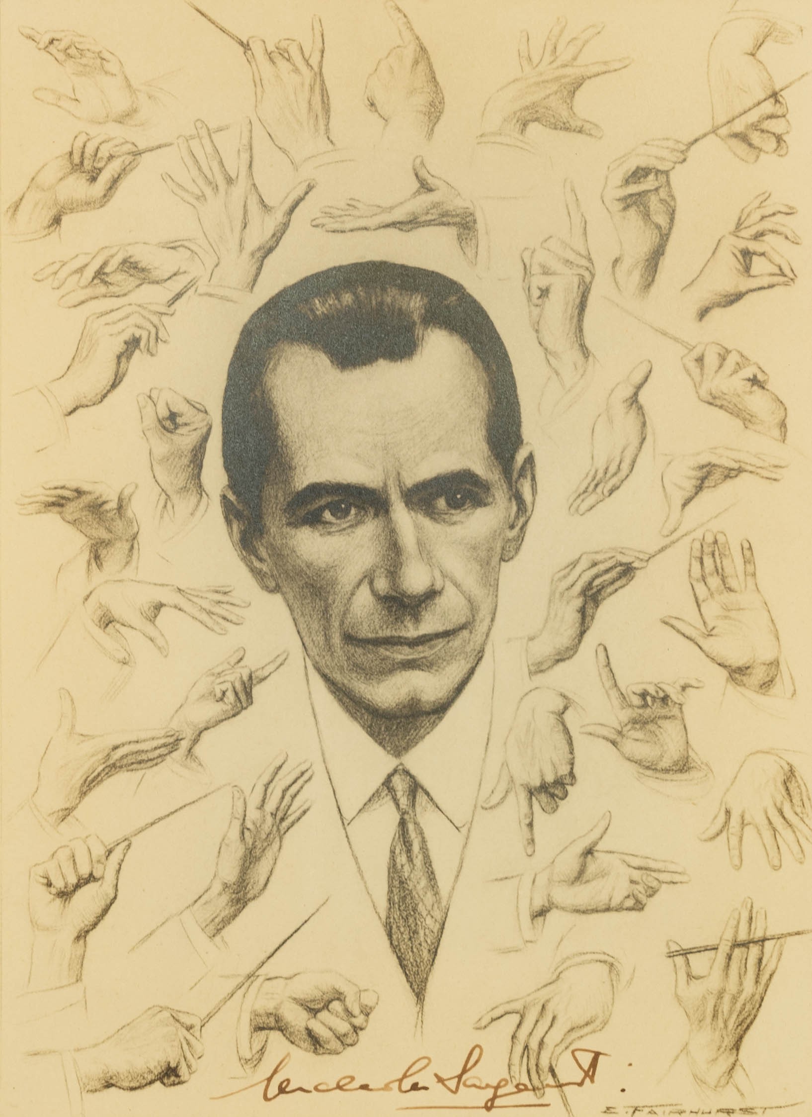 ENOCH FAIRHURST (1874-1945) PENCIL DRAWING  Portrait of Sir Malcolm Sargent with surround of 33