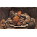 FRED SVOBODA (TWENTIETH CENTURY) OIL ON BOARD Still Life- mushrooms on a white plate Signed and