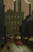 ARTHUR DELANEY (1927 - 1987) OIL PAINTING ON BOARD Northern industrial street with factory chimneys,