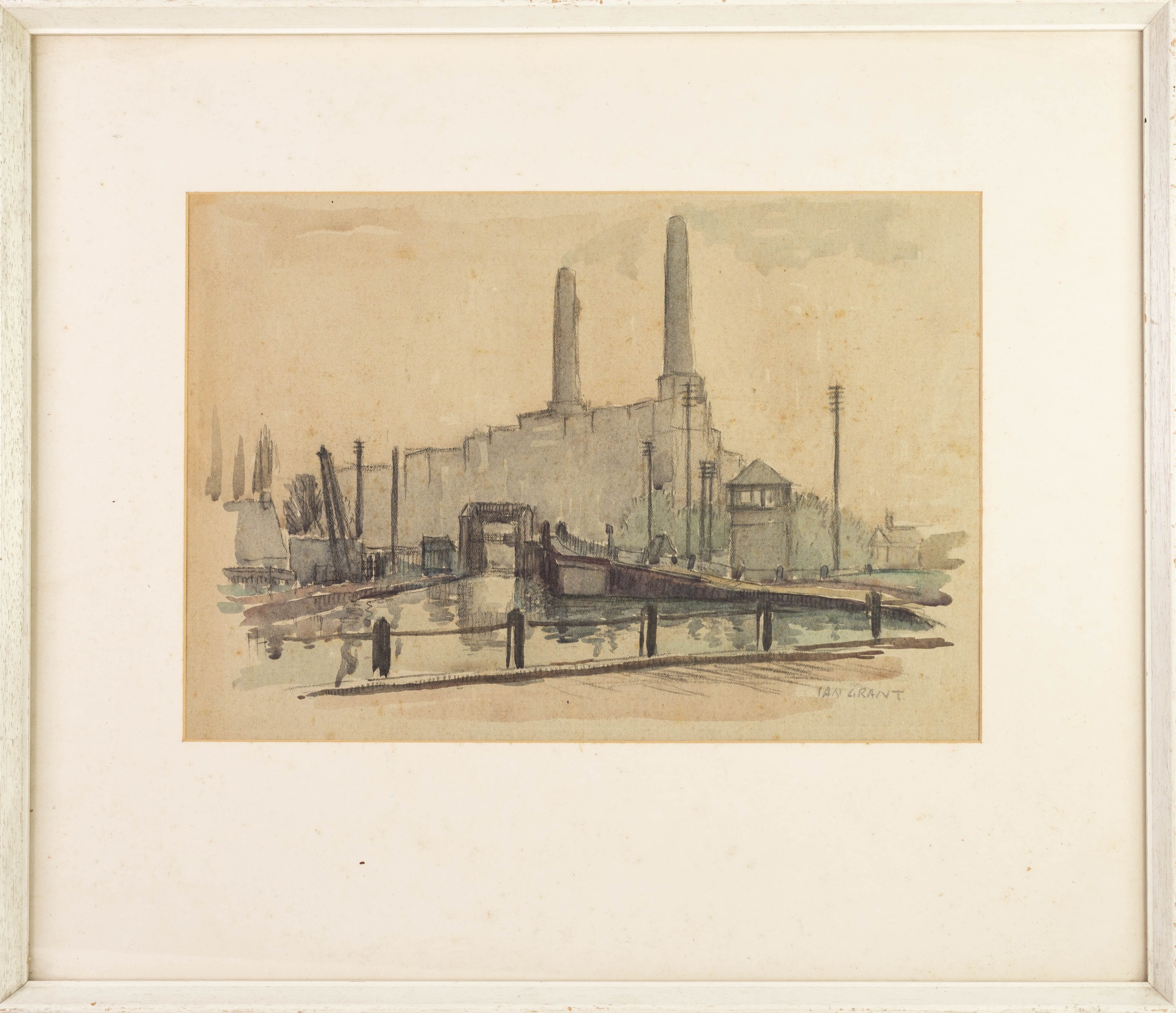 IAN GRANT (1904 - 1993) WATERCOLOUR DRAWING ON GREY PAPER Barton Power Station Signed lower right - Image 2 of 2