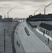 VINCENT DOTT (MODERN) MONOCHROME ACRYLIC ON BOARD ?Canal with Barge? Signed titled verso 17 ½? x