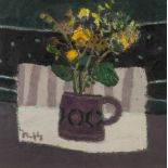 SANDY MURPHY (1956) OIL PAINTING ON BOARD Exhibition No 2 Striped Cloth and Flowers Signed lower