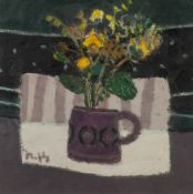 SANDY MURPHY (1956) OIL PAINTING ON BOARD Exhibition No 2 Striped Cloth and Flowers Signed lower