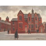 ROGER HAMPSON (1925 - 1996) OIL PAINTING ON BOARD 'Jubilee Schools, Bolton' Signed, titled and