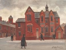 ROGER HAMPSON (1925 - 1996) OIL PAINTING ON BOARD 'Jubilee Schools, Bolton' Signed, titled and