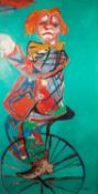 JOSE CHRISTOPHERSON (1914- 2014) OIL PAINTING ON CANVAS A clown riding a monocycle Signed lower