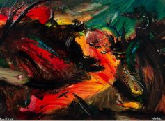 DAVID WILDE (1918-1974) ACRYLIC ON PAPER ?Forest Fire? Signed and titled, the reverse with a copy of
