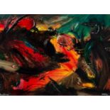 DAVID WILDE (1918-1974) ACRYLIC ON PAPER ?Forest Fire? Signed and titled, the reverse with a copy of