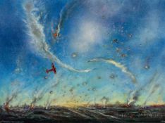 DAVID WILDE (1918-1974) ACRYLIC ON BOARD ?The Red Baron over the Somme Battlefield' Signed and