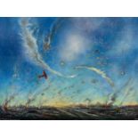 DAVID WILDE (1918-1974) ACRYLIC ON BOARD ?The Red Baron over the Somme Battlefield' Signed and