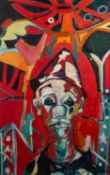 JOSE CHRISTOPHERSON (1914 - 2014) OIL PAINTING ON CANVAS A clown against circus backdrop Signed