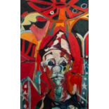 JOSE CHRISTOPHERSON (1914 - 2014) OIL PAINTING ON CANVAS A clown against circus backdrop Signed