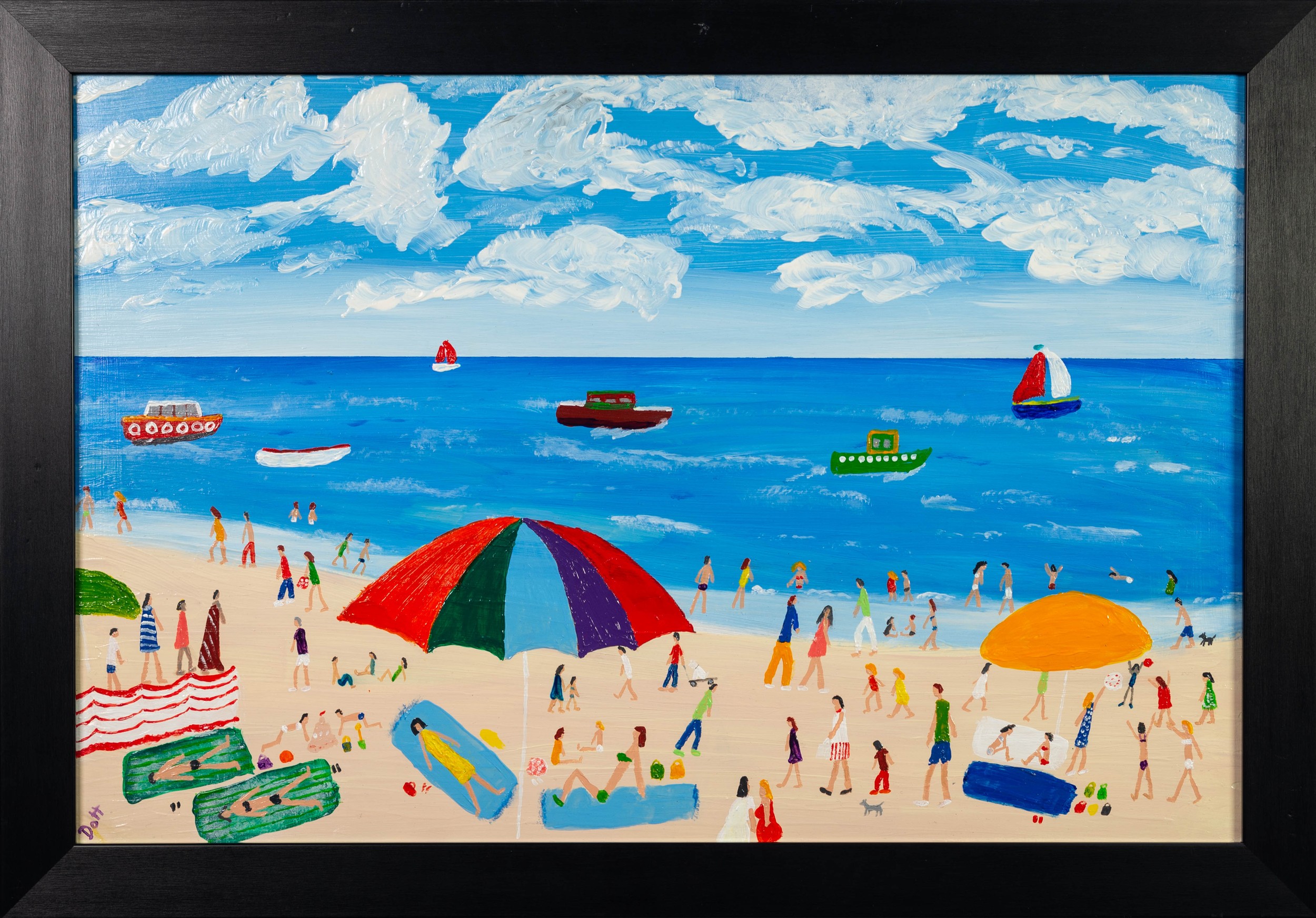 VINCENT DOTT (MODERN) ACRYLIC ON BOARD ?Perfect Beach Day? Signed, titled verso 15 ½? x 23 ½? (39. - Image 2 of 2