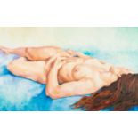 RICK ROBERTS OIL PAINTING ON BOARD Girl with the Flowing Hair, a reclining female nude Signed and