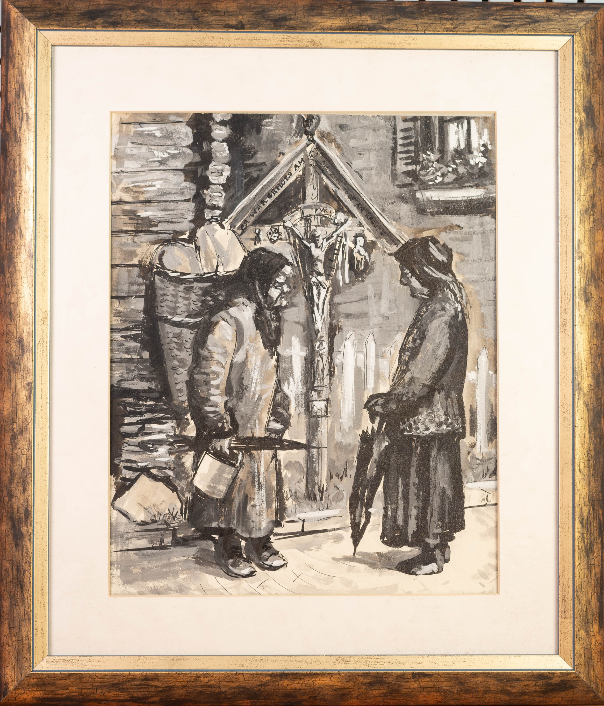 ROGER HAMPSON (1925 - 1996) GOUACHE MONOCHROME DRAWING Two Greek women conversing by a roadside - Image 2 of 2