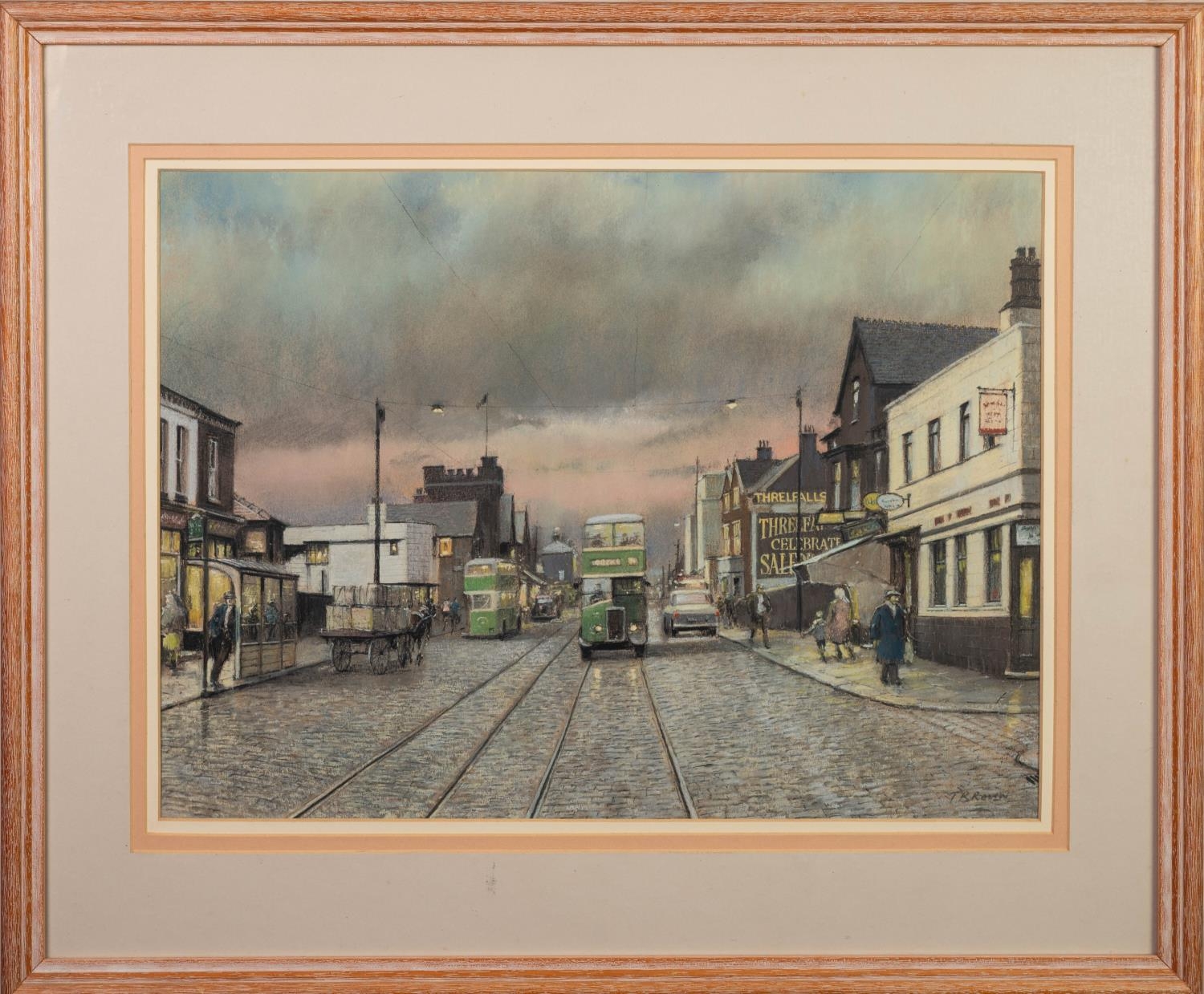 T. BROWN PASTEL DRAWING Cross Lane, Salford, busy with traffic and figures at dusk Signed lower - Bild 2 aus 2